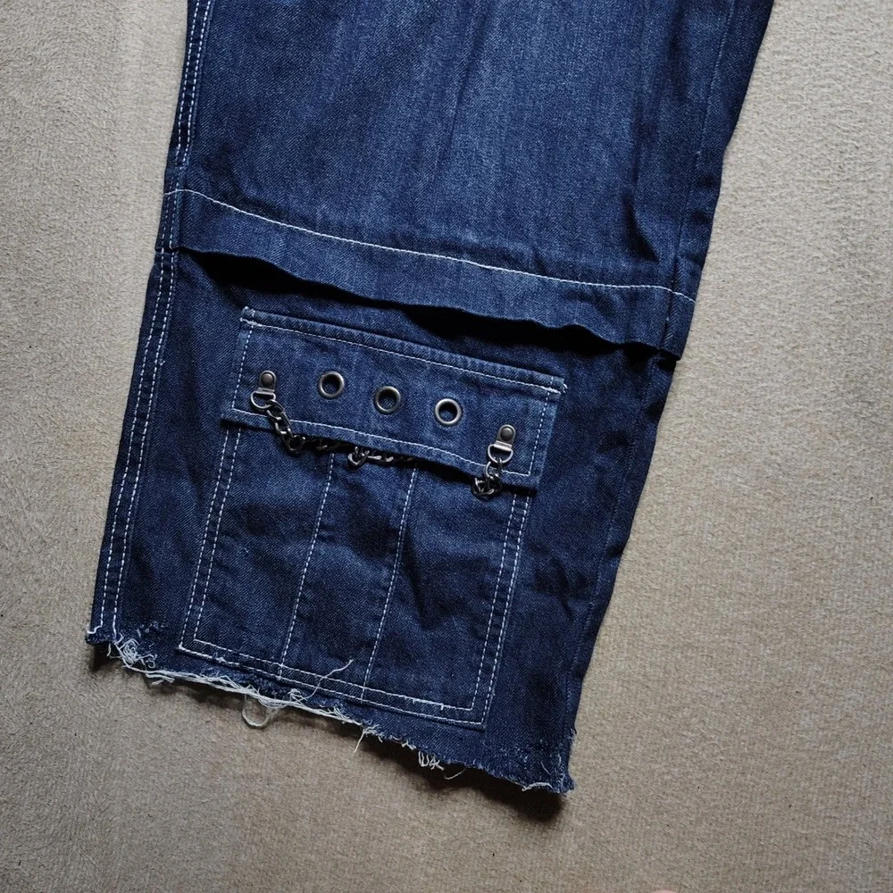 Hot Topic Denim Cutoff Jeans Straps Baggy Cargo Y2K Emo Goth Grunge Dark Blue 19